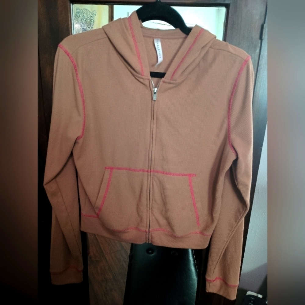 Fabletics Tan Hoodie with Pink Stitching_Zip Up_Small